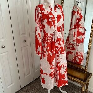 FIGUE NWT Kate Red & White Floral V-Neckline Midi L.Sleeve Shirt Dress. Size 12